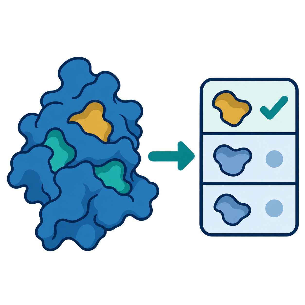 Three candidate protein sites mapped to a prioritized shortlist